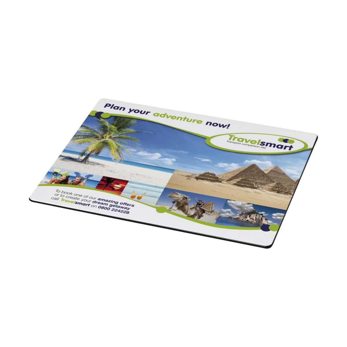 Plażowa spośród gadżetów reklamowych, plakat z palmami i piramidami na wycieczki.