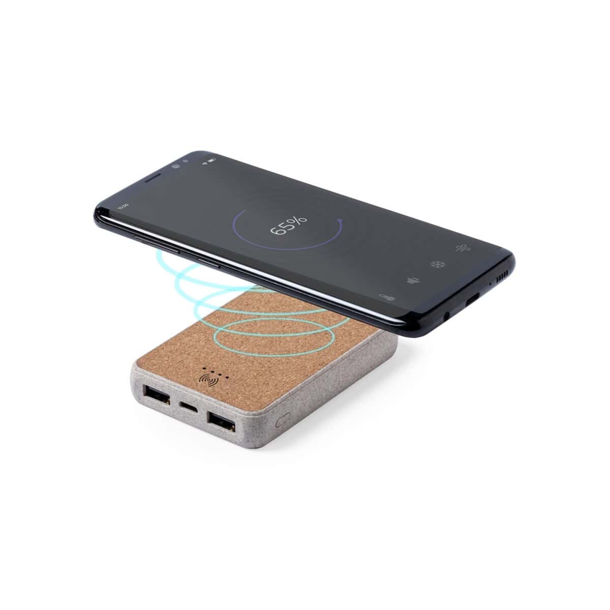 Ładowarka bezprzewodowa z drewnianym nadrukiem i telefonem ładującym się indukcyjnie. Nowoczesne gadżety reklamowe i upominki firmowe.