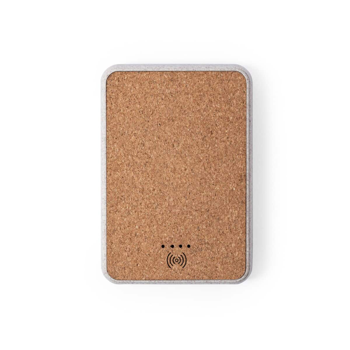 Powerbanki z logo – bezprzewodowy power bank 5000 mah ze słomy pszenicznej, ładowarka bezprzewodowa 5w V0147-00_AAB01 Odtwarzacz bezprzewodowy NFC z korkiem, elegancki gadżet promocyjny.