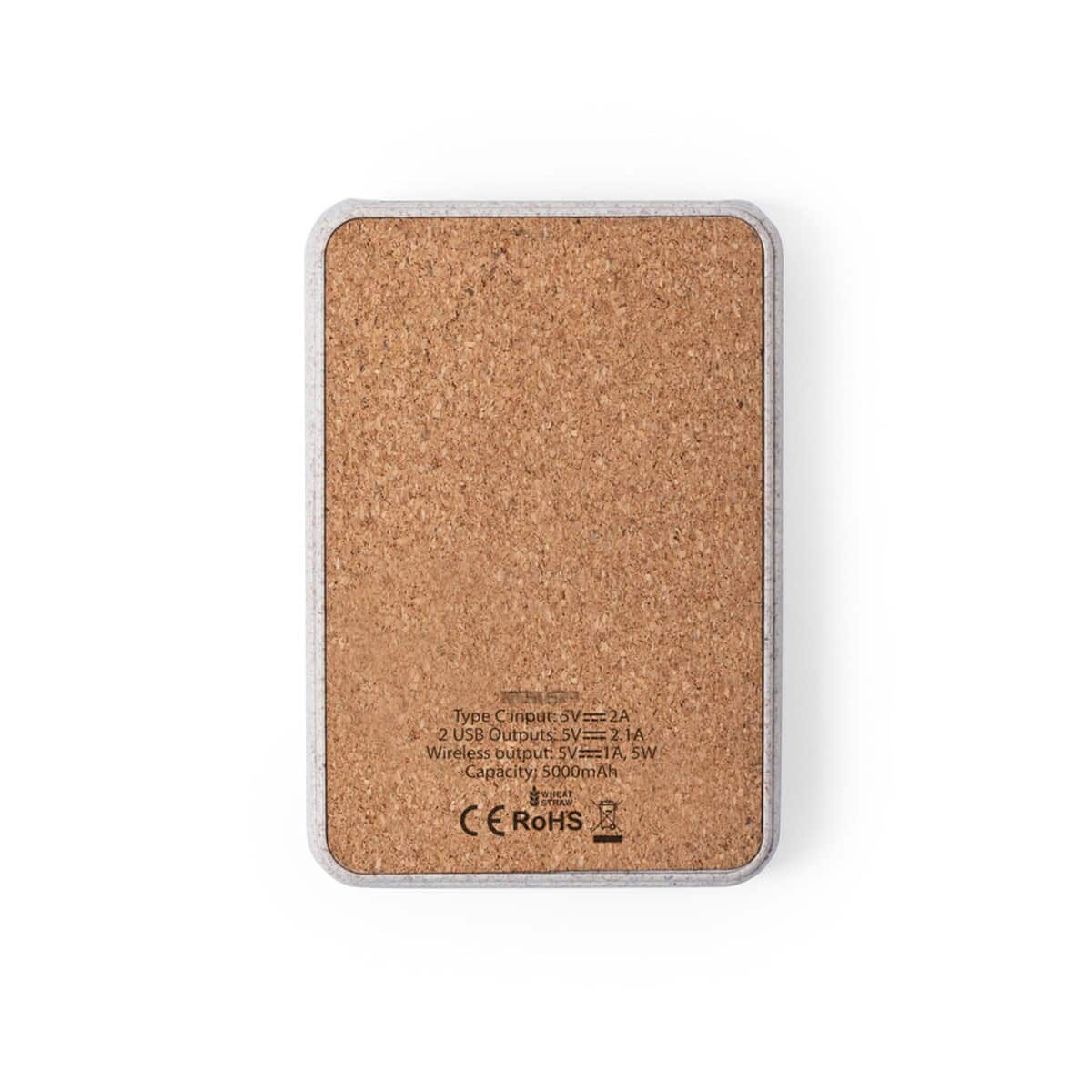 Powerbanki z logo – bezprzewodowy power bank 5000 mah ze słomy pszenicznej, ładowarka bezprzewodowa 5w V0147-00_IBK01 Breloczek z korka na gładkiej metalowej ramce.