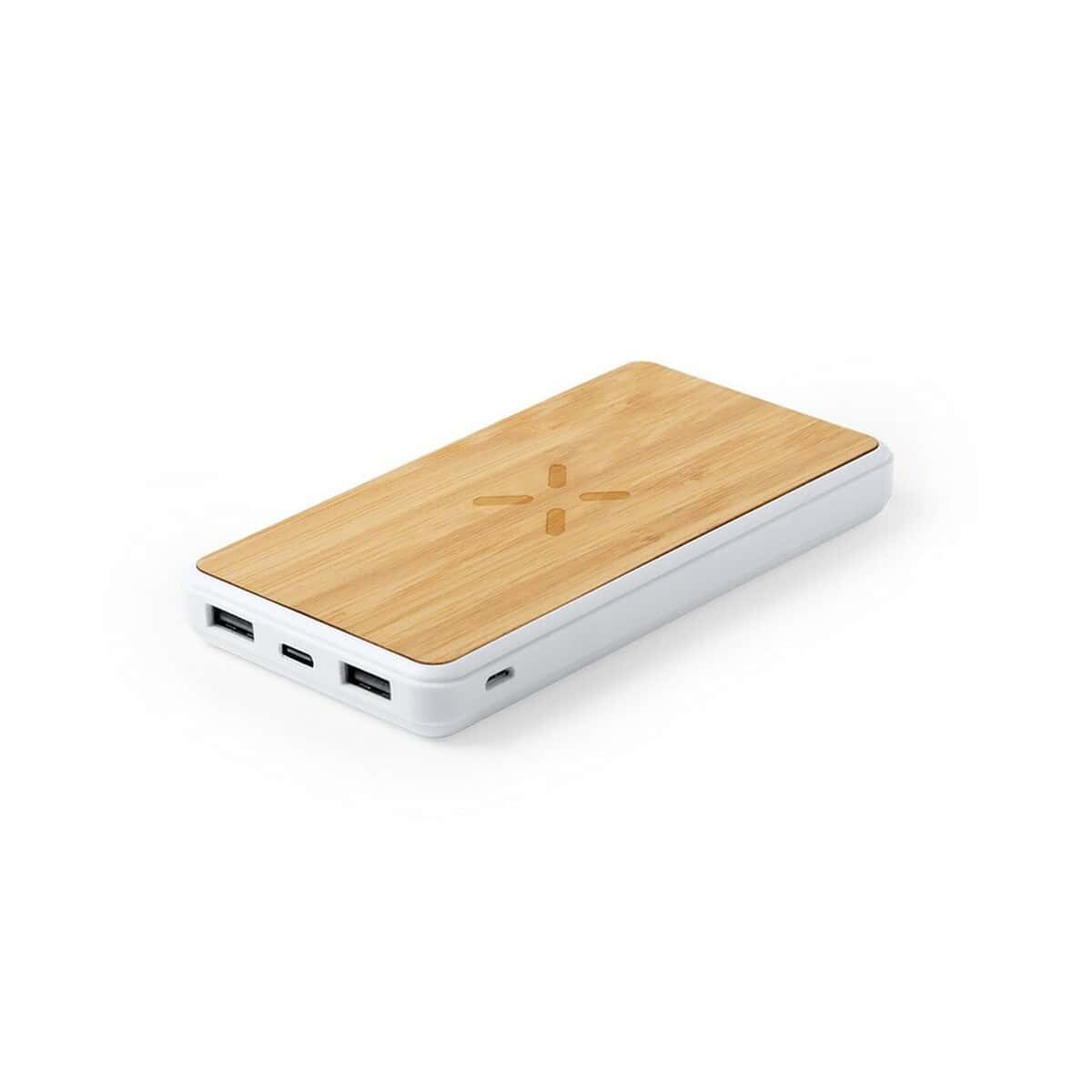 Powerbank z drewnianym wykończeniem, ładowarka przenośna, gadżety elektroniczne.