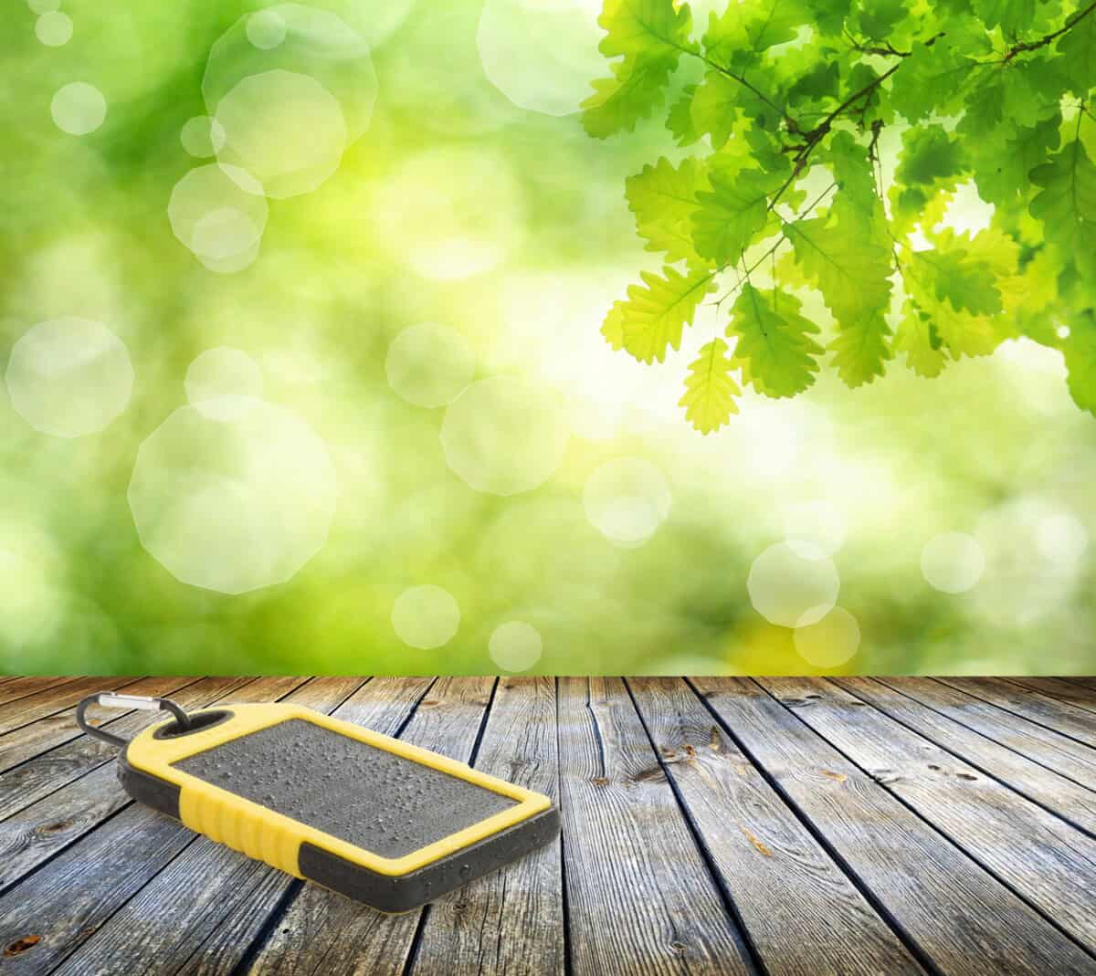 Powerbanki z logo – durabank power bank AP741932-02__DG1 1. Przenośny głośnik Bluetooth na drewnianym stole z zielonym liściem w tle.