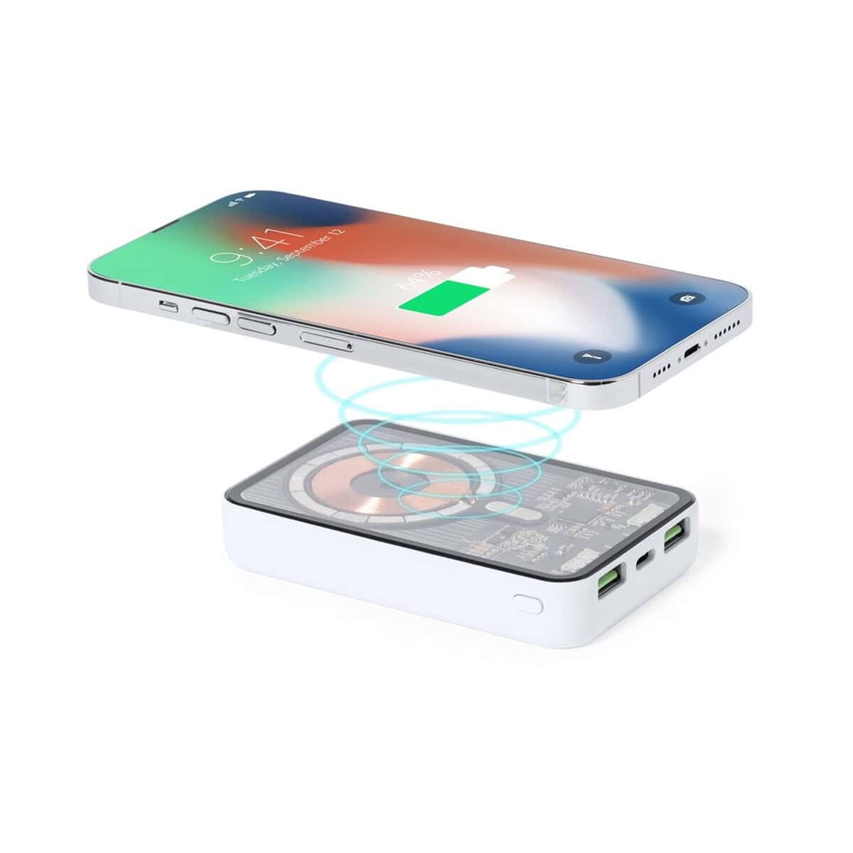 Powerbank z funkcją bezprzewodowego ładowania smartfona, kompaktowe i praktyczne gadżety technologiczne.