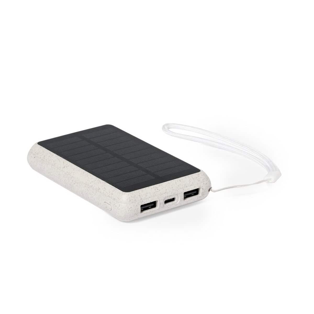 Powerbanki z logo – power bank 5000 mah ze słomy pszenicznej, ładowarka słoneczna V1353-00_AAA02 Słoneczna ładowarka solarna Power Bank z funkcją ładowania USB, ekologiczne gadżety promocyjne.