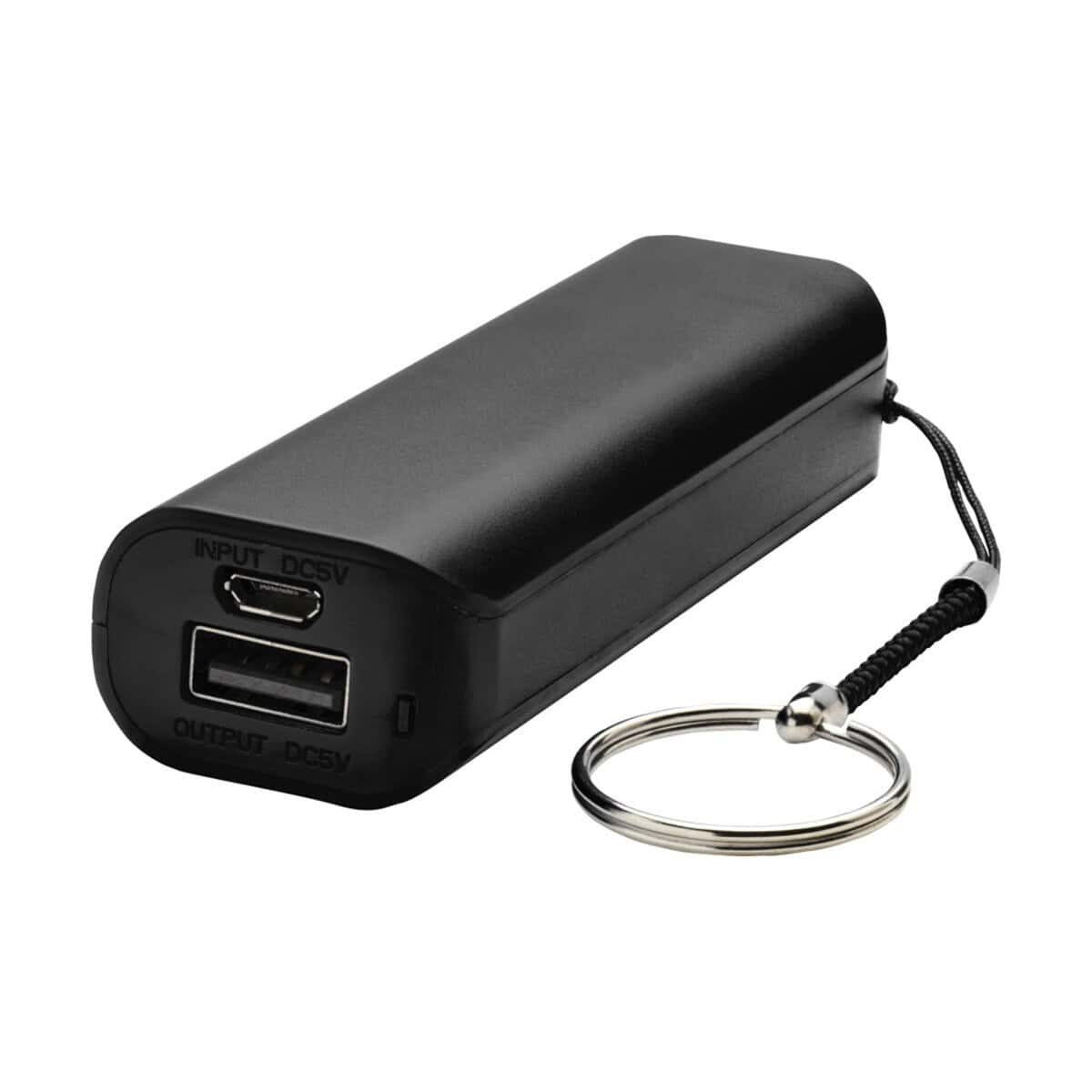 Powerbank z karabińczykiem, ładowarka przenośna z USB, elegancki czarny akumulator przenośny.