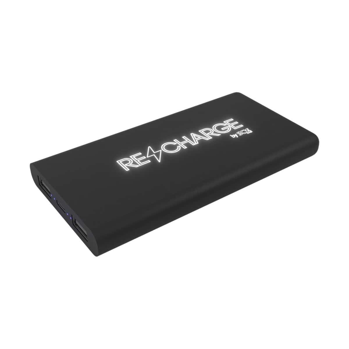 Powerbank reklamowy z logo RECHARGE, idealny gadżet promocyjny.