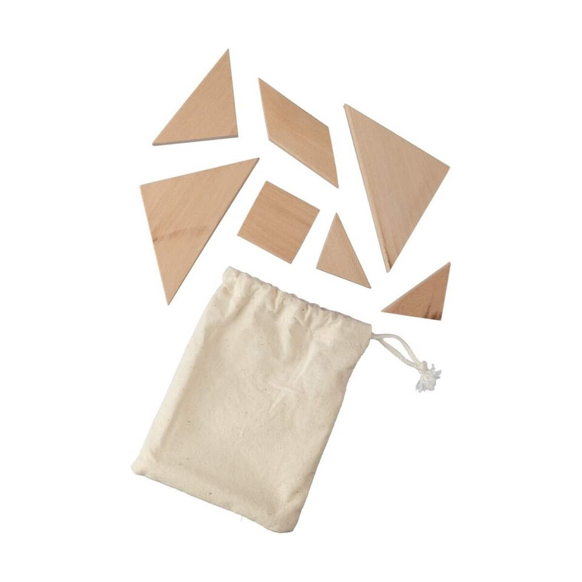 Kraje do układania puzzli z drewna i woreczek z płóciennego materiału.