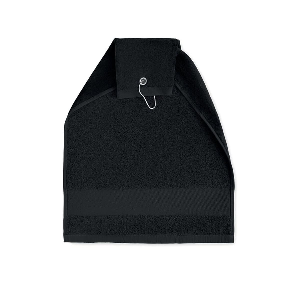 Ręczniki z logo – bawełniany ręcznik golfowy hitowgo mo6525-03-open 1. nakładka na ramię z odpinanym klipem, czarna, praktyczna.