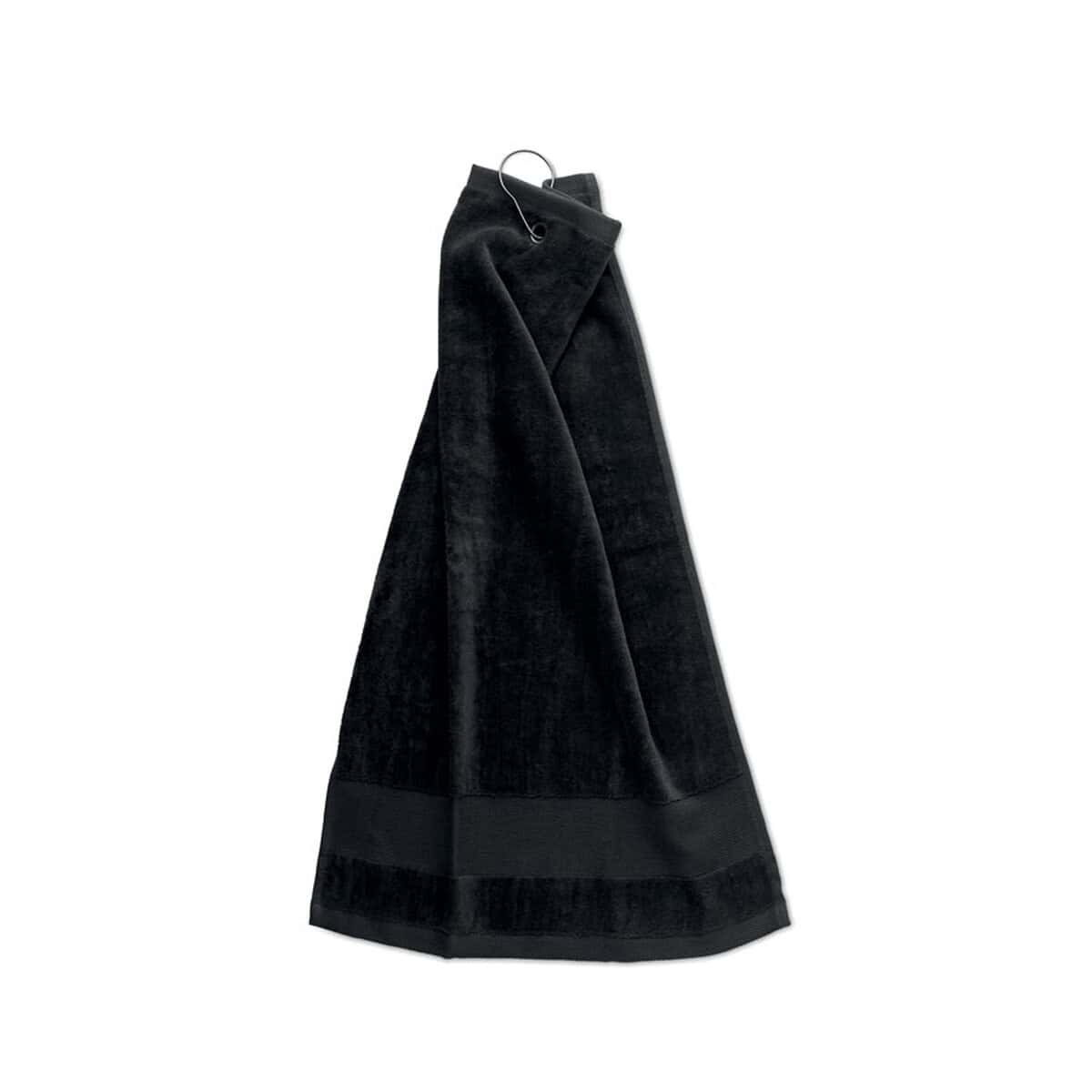 Ręczniki z logo – bawełniany ręcznik golfowy hitowgo mo6525-03 Czarna ręcznikowa szlafrok z logo na zamówienie, idealny na prezent i do hoteli.