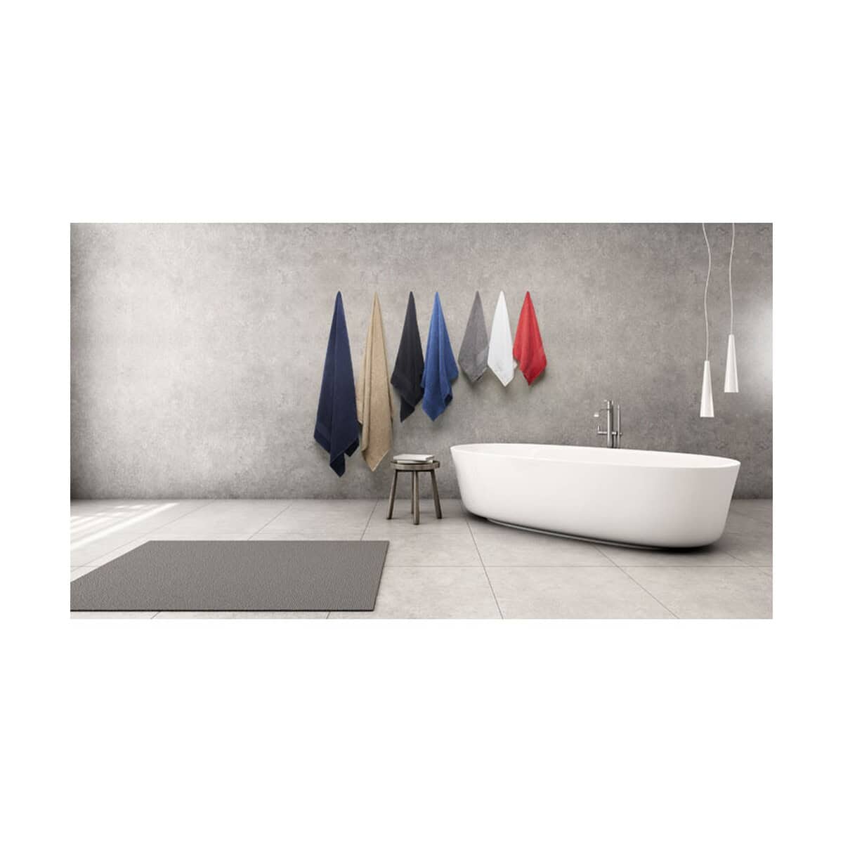 Ręczniki z logo – ręcznik baweł. organ. 100×50 terry mo9931-03-box Nowe ręczniki w różnych kolorach na tle nowoczesnej łazienki z wanną. Idealne gadżety do łazienki, eleganckie i praktyczne.