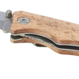 Małe nożyczki składane z drewnianą rękojeścią, idealne na gadżety i akcesoria.