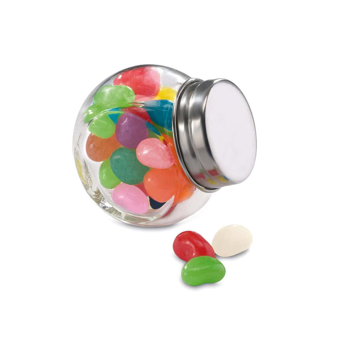 Słodycze z logo – żelki beandy kc7103-99-open Kolorowe żelki w szklanym pojemniku z metalową zakrętką, idealne na gadżet reklamowy.
