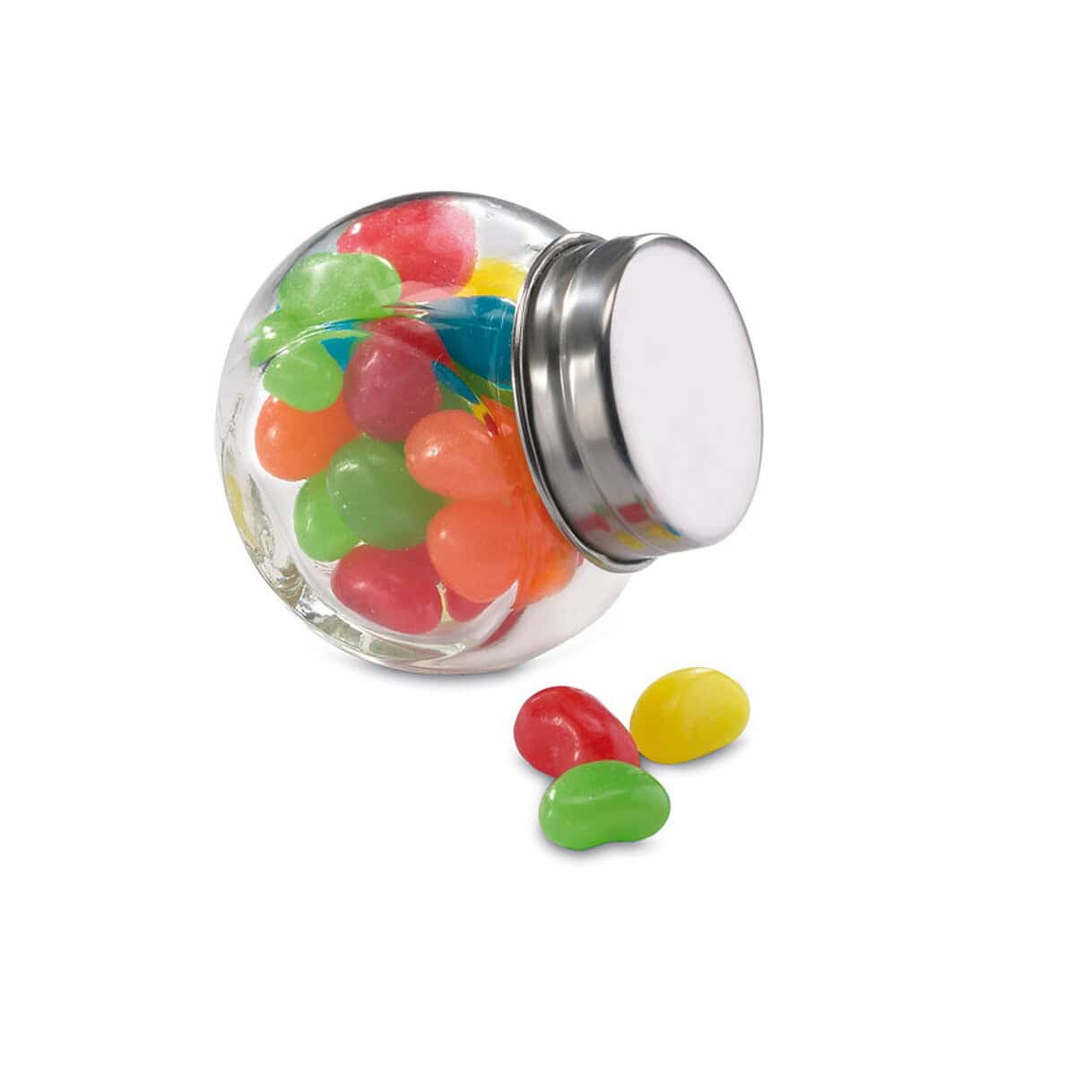 Słodycze z logo – żelki beandy kc7103-99a Kolorowe cukierki w szklanym słoiku, idealne na upominki i gadżety promocyjne.