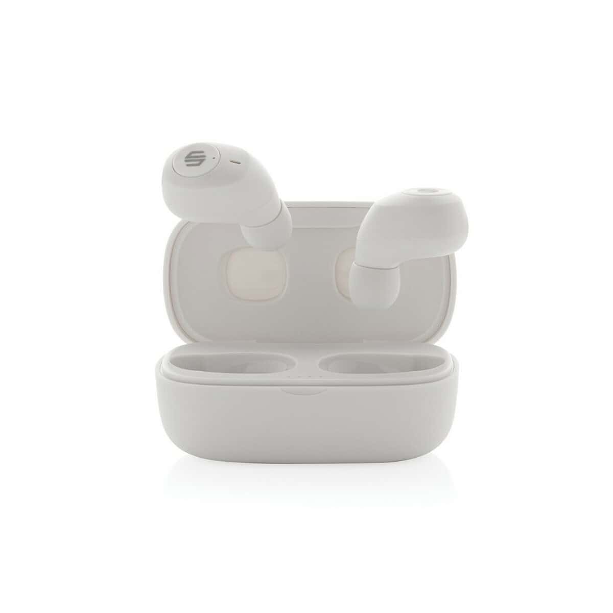 Słuchawki bezprzewodowe TWS w etui, nowoczesne gadżety elektroniczne do słuchania muzyki.