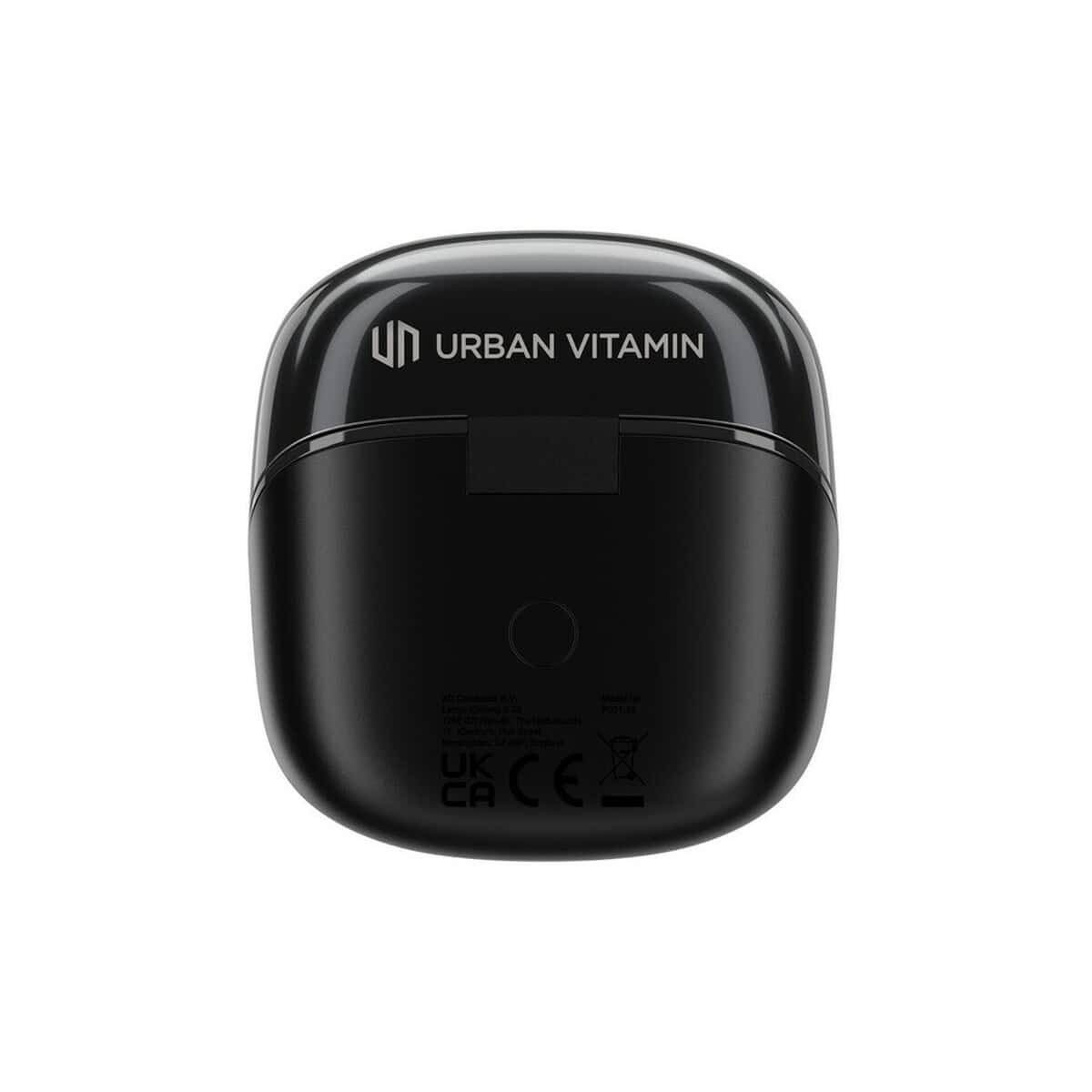 Słuchawki z logo – douszne słuchawki bezprzewodowe urban vitamin long beach P331.5601__B_5 Przenośne etui na słuchawki Urban Vitamin, czarne, nowoczesny design, gadżet personalizowany.