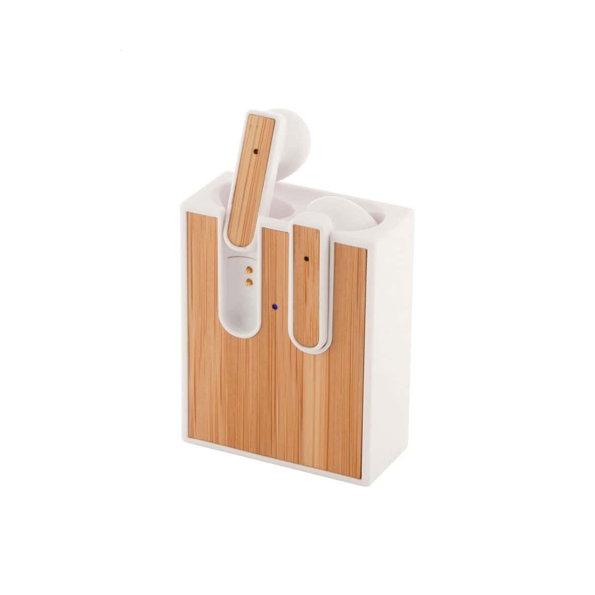 Słuchawki z logo – rabsody słuchawki bezprzewodowe AP800526-01__D Etui na słuchawki AirPods z naturalnym drewnem i białą obudową, stylowe gadżety biurowe i personalizowane akcesoria.