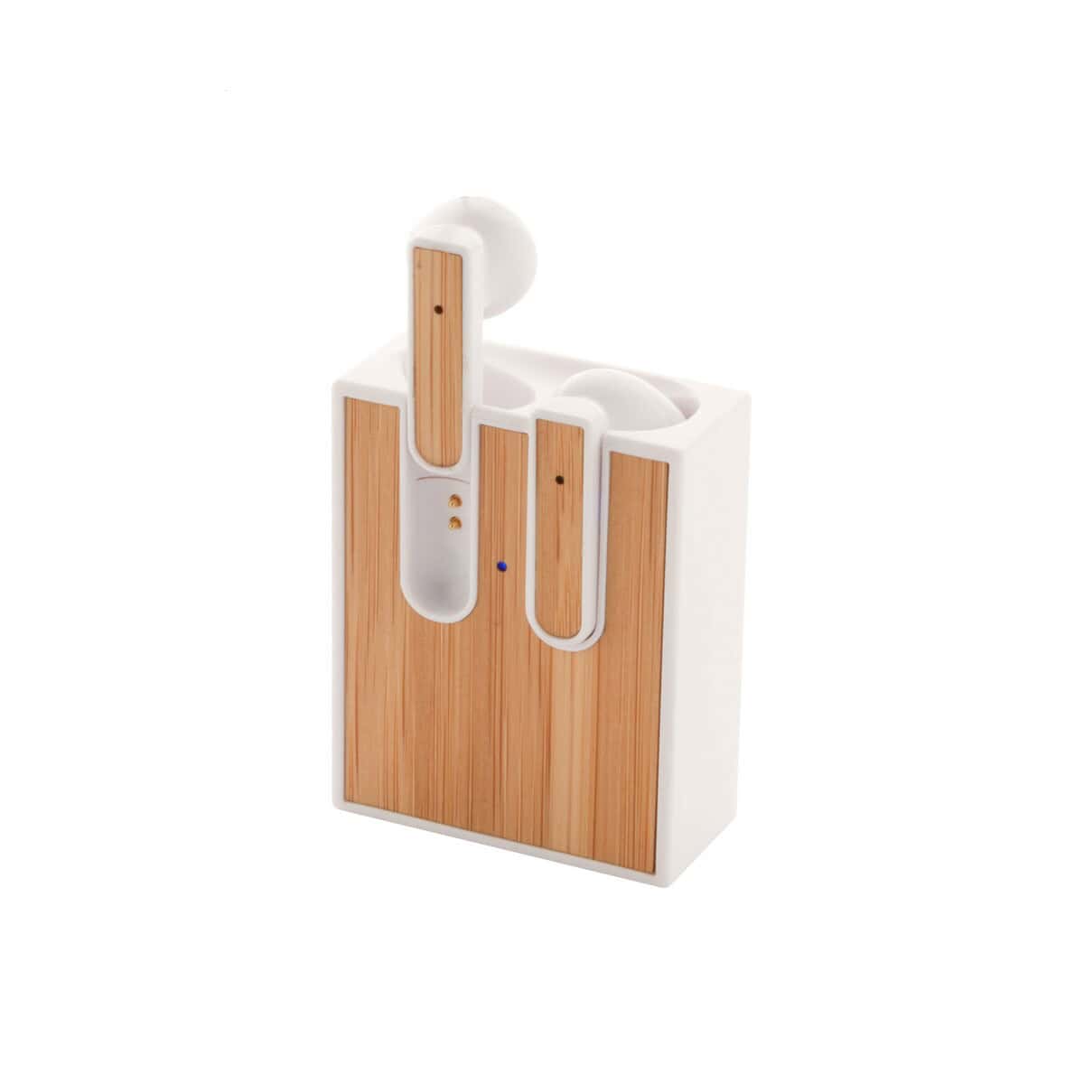 Słuchawki z logo – rabsody słuchawki bezprzewodowe AP800526-01__G Drewniane etui na słuchawki AirPods z białym wykończeniem i naturalnym drewnianym wzorem.