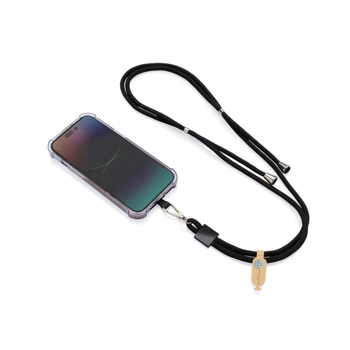 Smycze z logo – smycz do telefonu carryloop P302.8101__B_4 1. Pasek na telefon z breloczkiem do identyfikacji, czarny, elegancki, personalizowany gadżet.