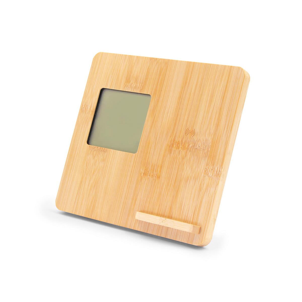 Stacje pogodowe z logo – bambusowa ładowarka bezprzewodowa 10w, stacja pogodowa | kahele V8328.0-18_AAA03 Drewniany zegar na prezent z personalizacją, gadżety promocyjne, ekologia, design naturalny, bambus, upominek firmowy.
