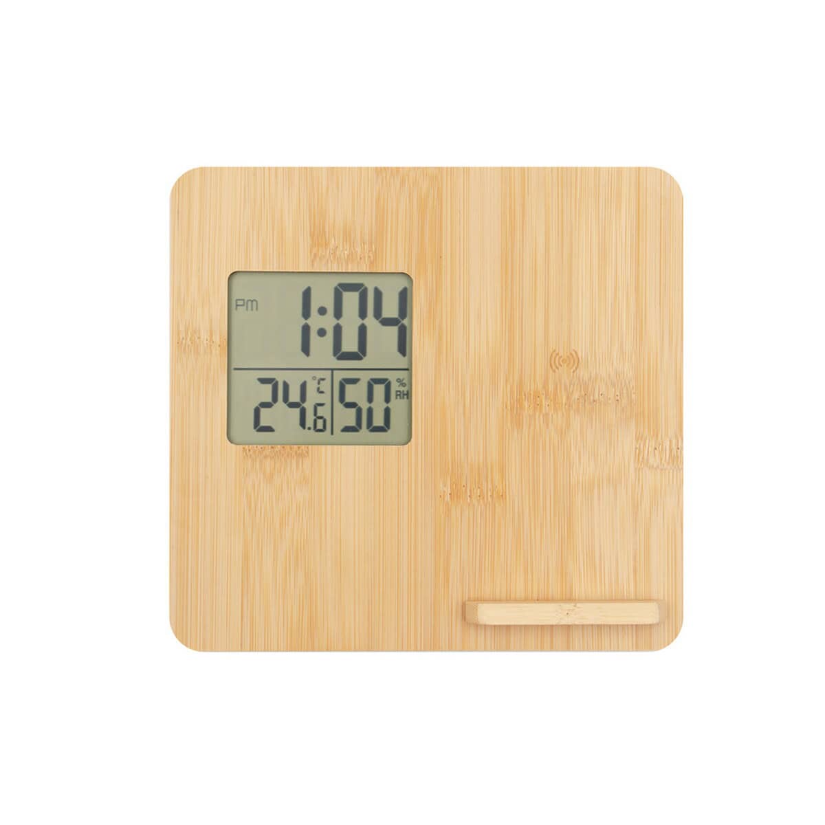 Stacje pogodowe z logo – bambusowa ładowarka bezprzewodowa 10w, stacja pogodowa | kahele V8328.0-18_AAB01 Stojak na zegar z bamboo z funkcją termometru i higrometru, gadżet biurowy i domowy.