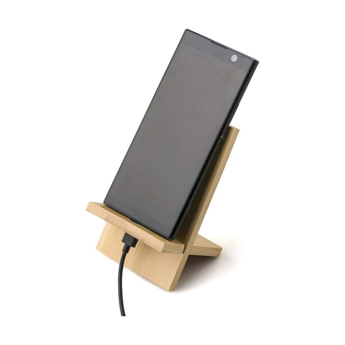 Stojaki na telefon z logo – bambusowy stojak na telefon V0280-16_KKK01 Nowy ładowarka na drewnianej podstawce, idealna na biurko.