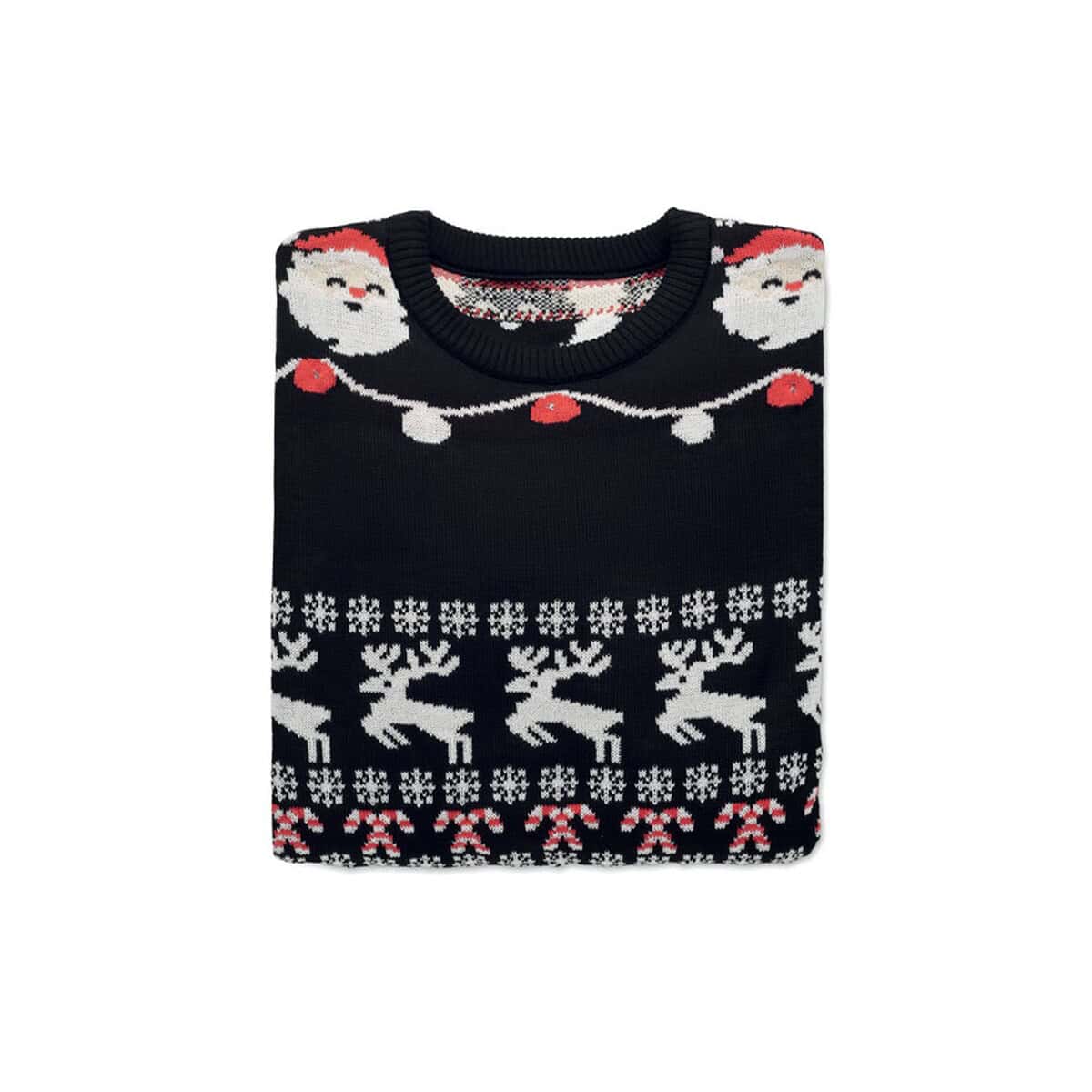 Swetry z logo – świąteczny sweter led s/m shamis cx1553-03-side Czarne swetry z motywem świątecznym, Mikołajem, reniferami i śnieżynkami, idealne na zimowe okazje.