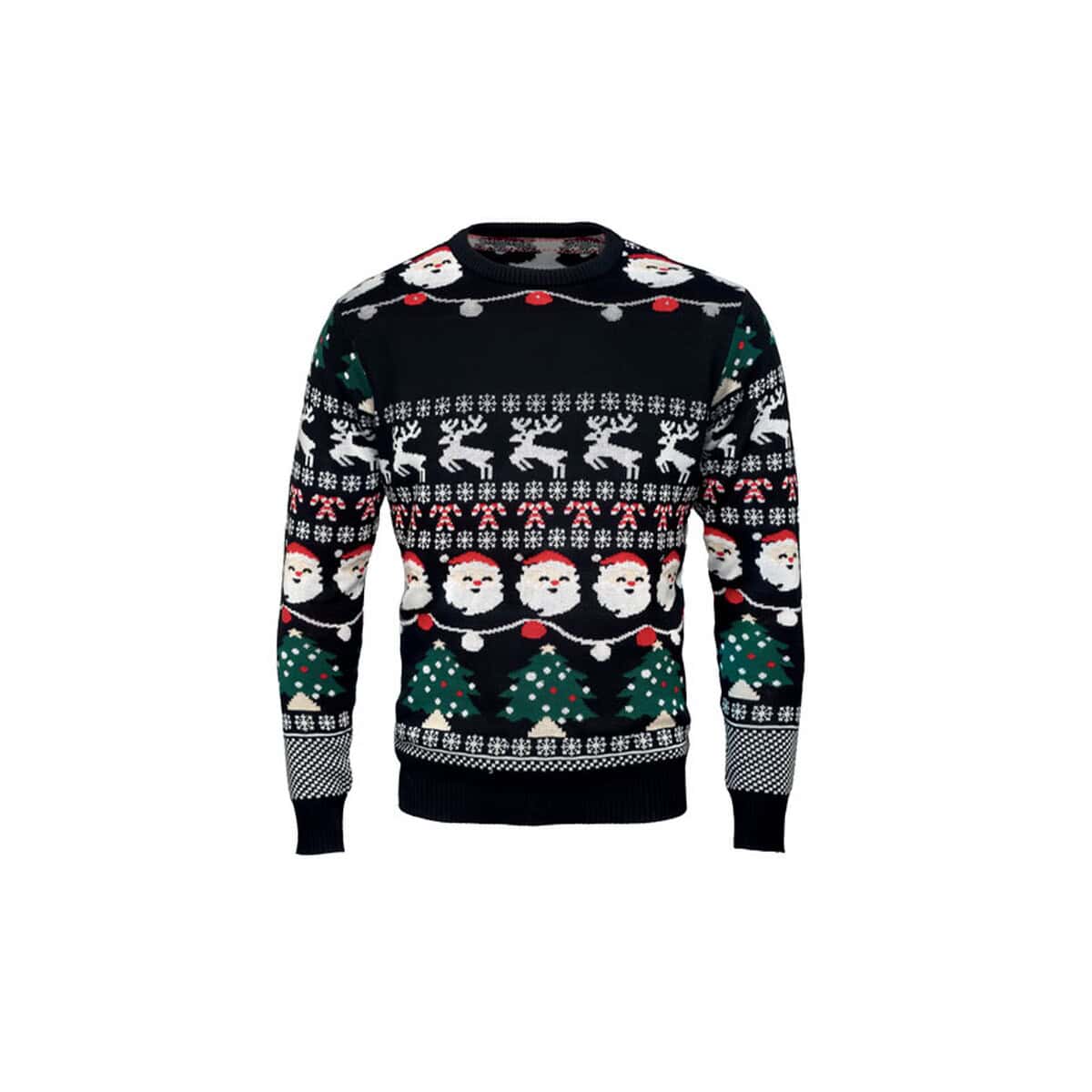 Czarno-czerwony sweter z motywem świątecznym, reniferami, Mikołajem i choinkami, idealny na prezent na Boże Narodzenie.