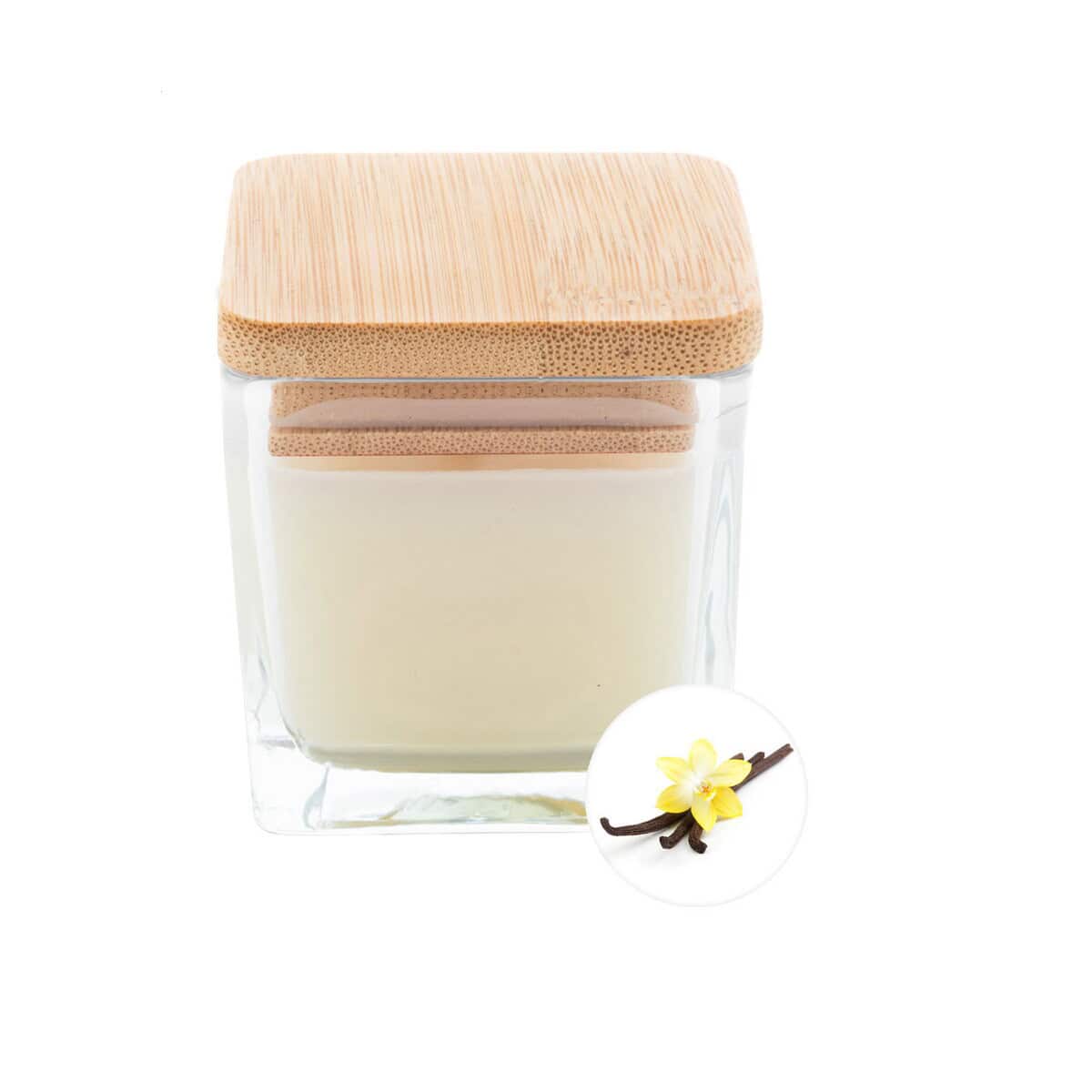 Lakier do ciała z naturalnym drewnianym pokrywką, pachnący wanilią i wanilią.