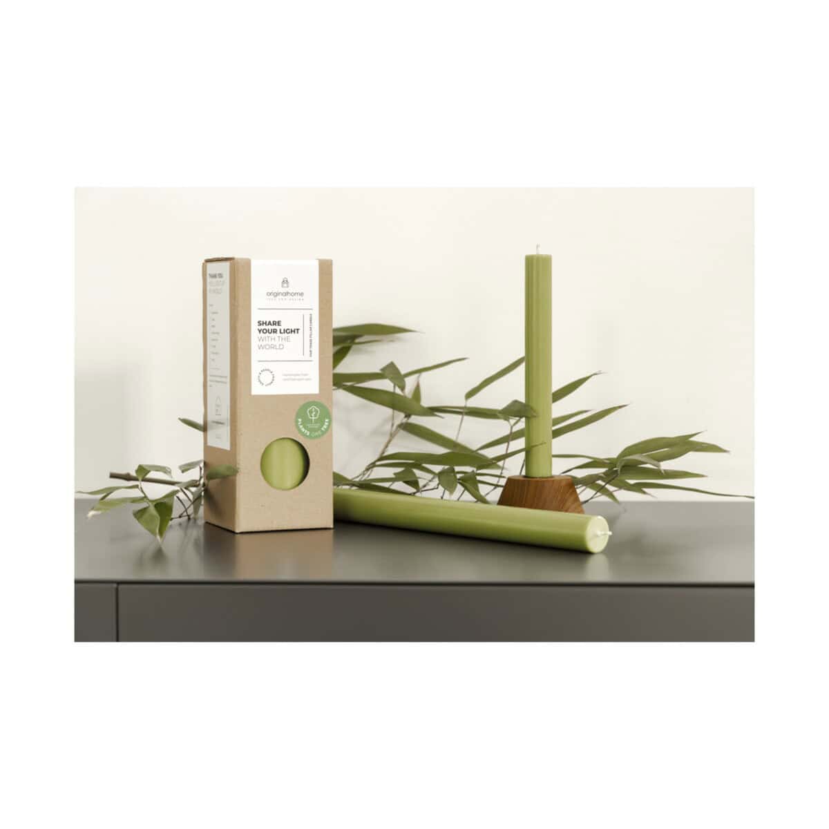 Świece z logo – originalhome świeca stołowa matcha 12632362_m1 Eko świeczka z naturalnego wosku w zielonym kolorze, dekoracja do domu.