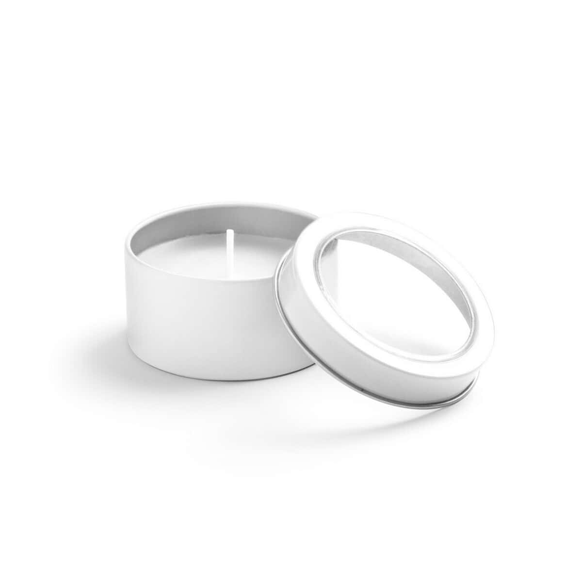 1. Świeca zapachowa w metalowym opakowaniu, elegancka ozdoba do wnętrza.