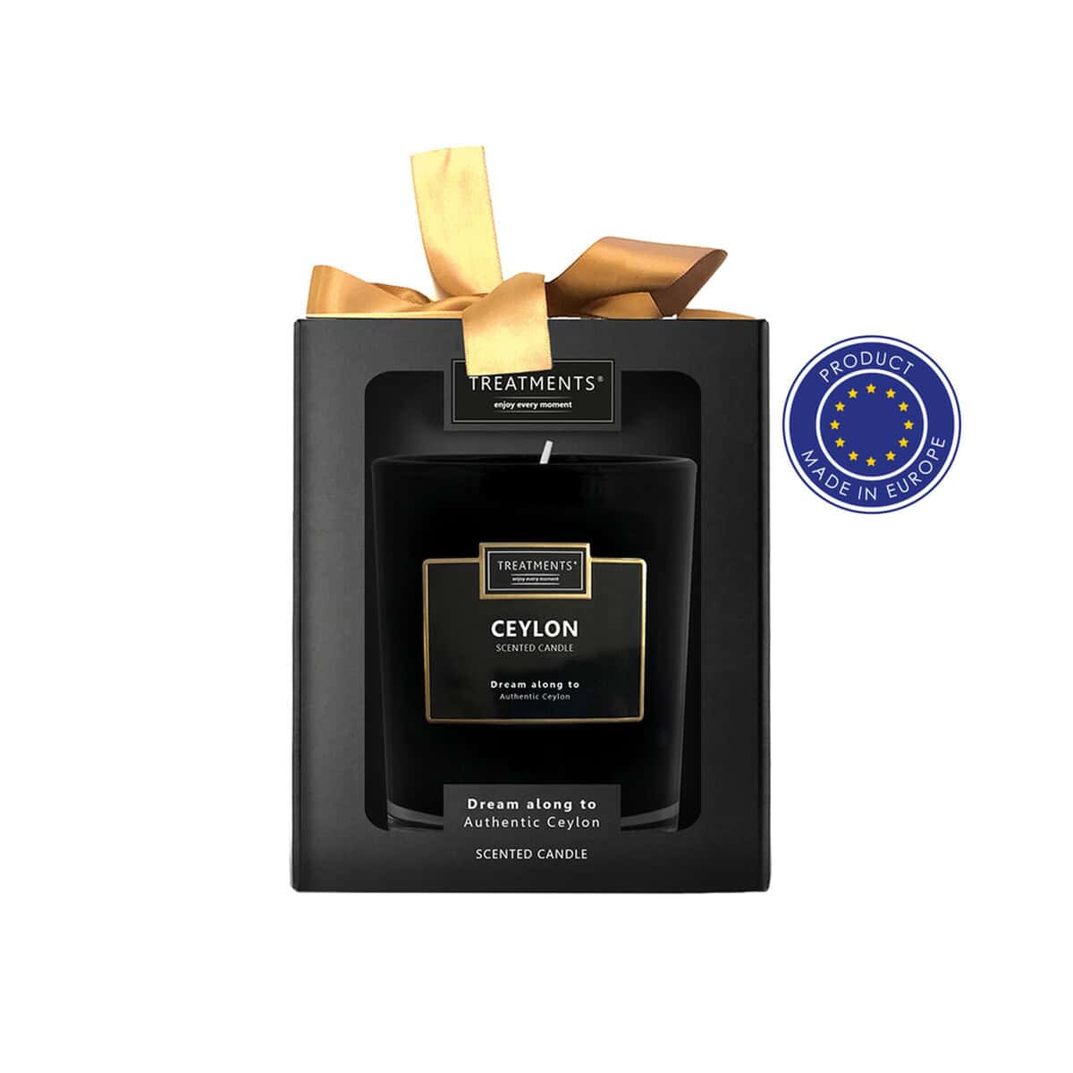 Świece z logo – świeczka zapachowa treatments VTR10-03_AAA00 Czarna świeca zapachowa z etykietą Ceylon, zapakowana w eleganckie pudełko z złotą wstążką.