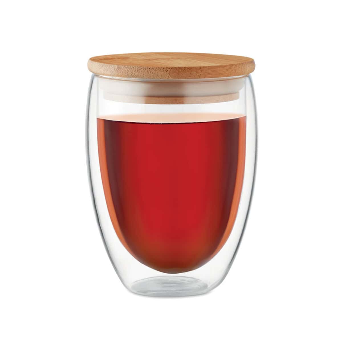 Szklanki z logo – szklanka 350ml tirana medium mo9720-22-side Szklany kubek z drewnianym wieczkiem na kawę lub herbatę. Elegancki i funkcjonalny gadżet do domu i biura.