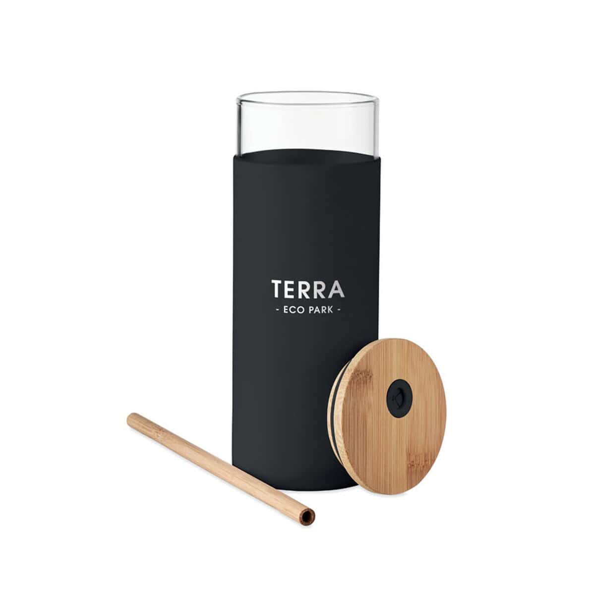 Szklanki z logo – szklanka 450ml z pokrywką strass mo6352-03-print Elegancki słój do herbaty z bambusową pokrywką i metalową słomką, idealny na prezent ekologiczny.
