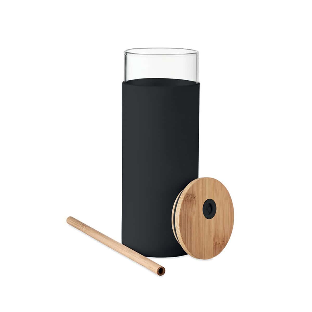 Szklanki z logo – szklanka 450ml z pokrywką strass mo6352-03-side Elegancki dzbanek na wodę z czarną osłoną i drewnianą pokrywką, idealny na prezent lub do domu.