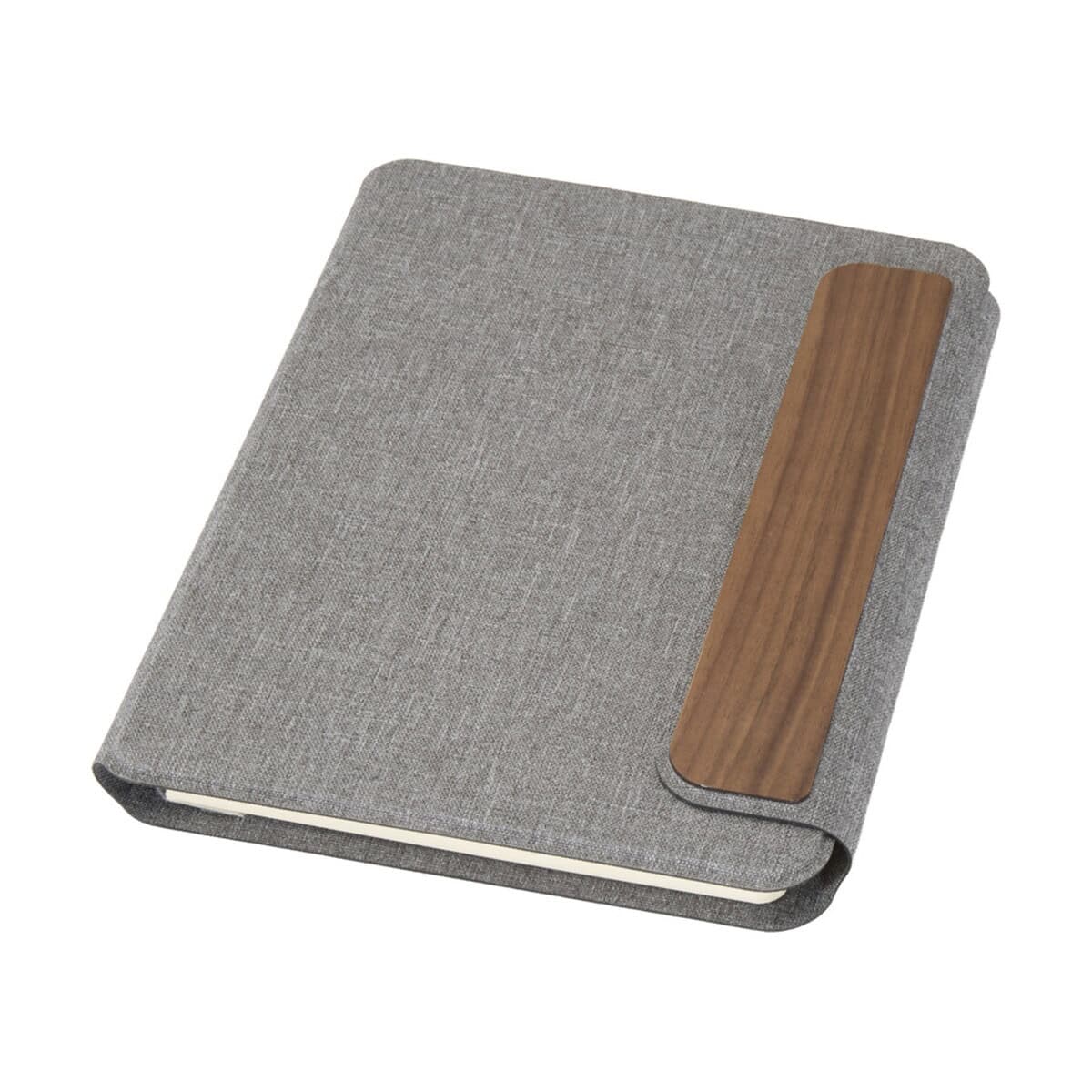 Stylowy notes z szarym materiałem i drewnianą zakładką, idealny gadżet reklamowy i prezent firmowy.