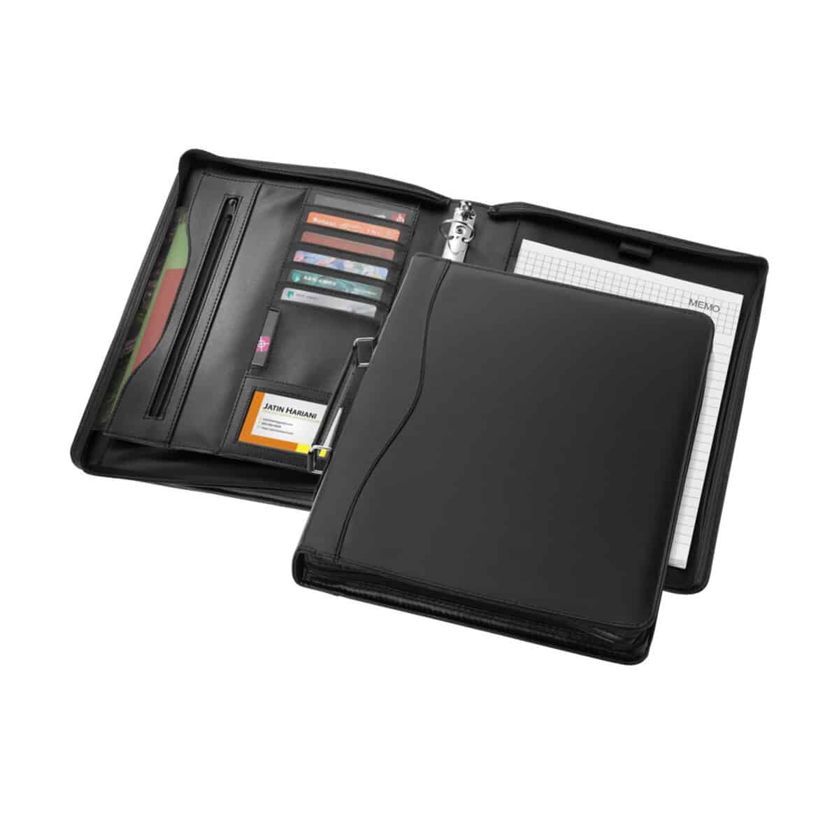 Folder na dokumenty z organizerem i notesem, czarny, biznesowy, gadżety biurowe, personalizacja.