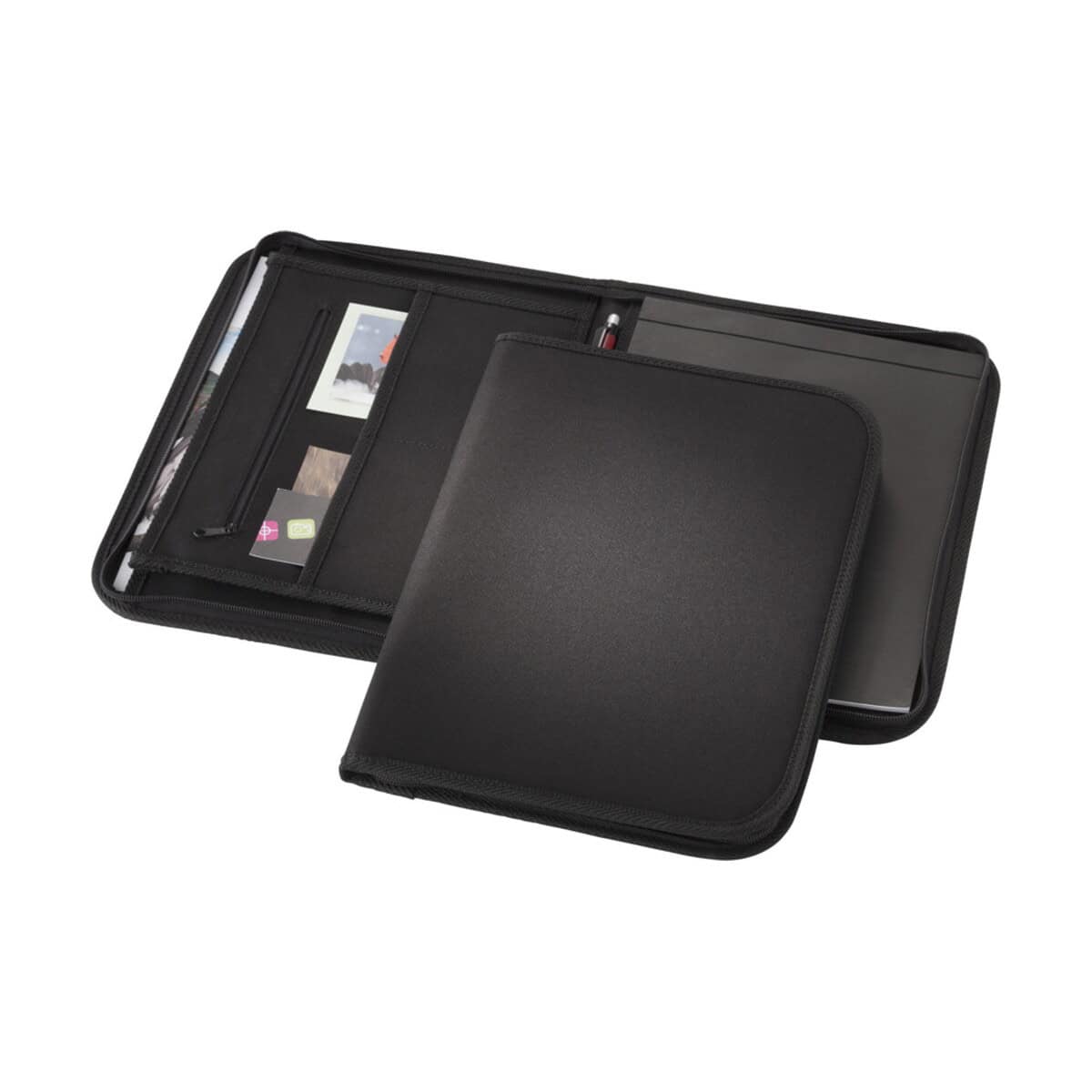 Etui na dokumenty i laptop, czarne, z organizerem na gadżety i akcesoria biurowe.