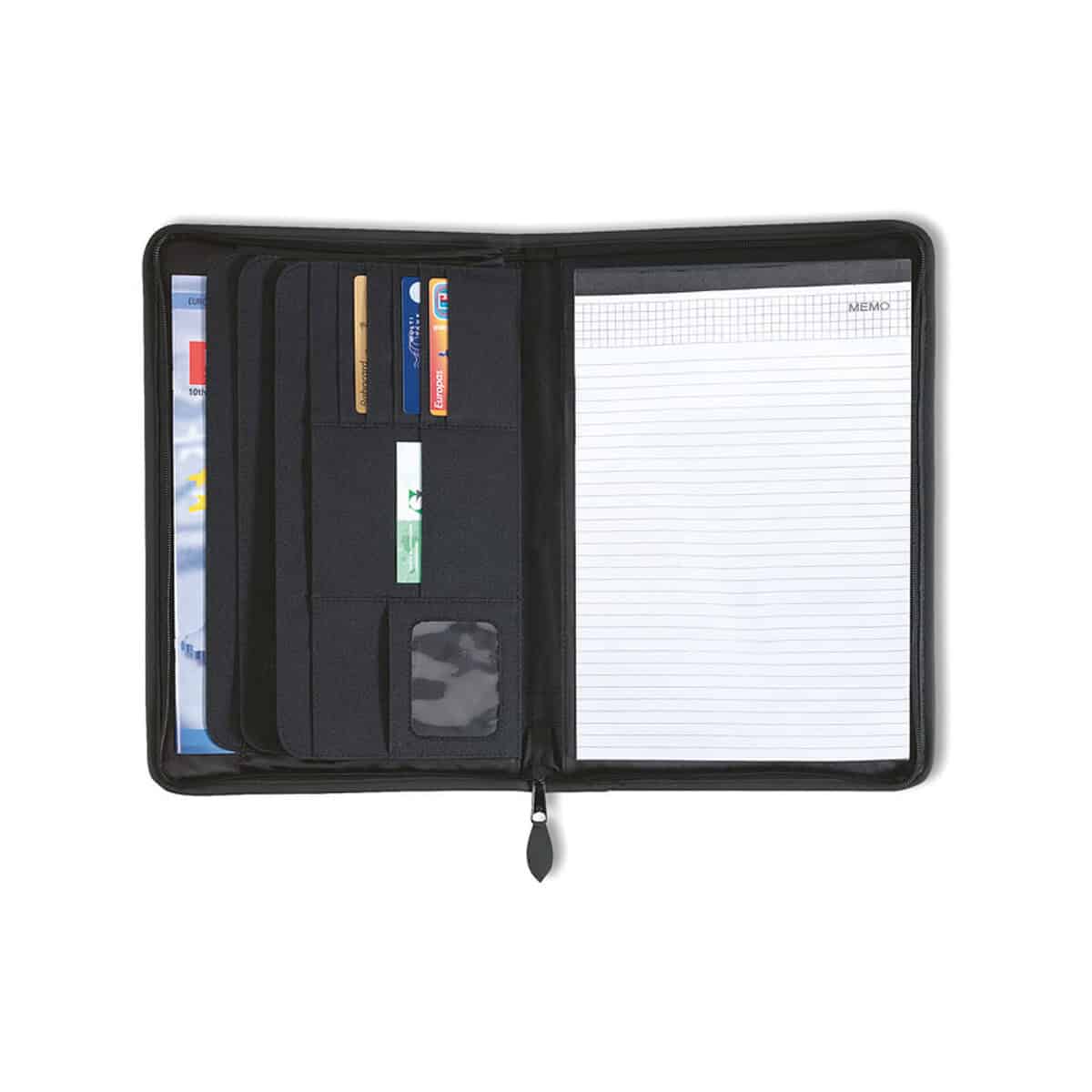 Efektywna organizacja dokumentów i kart kredytowych w eleganckim portfelu z kieszeniami na wizytówki.