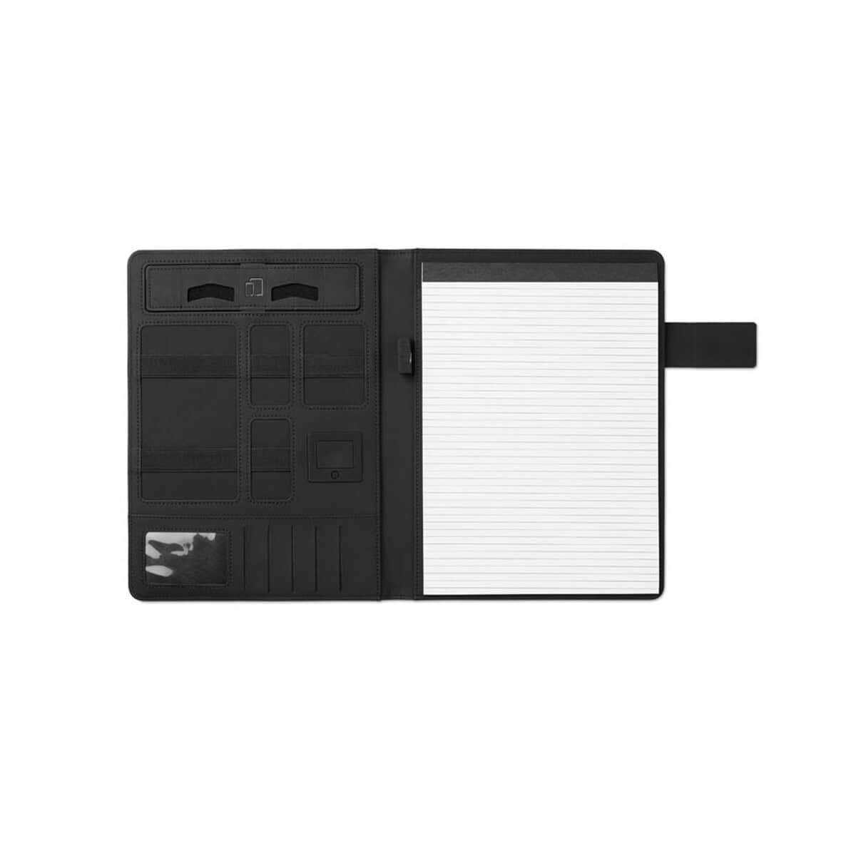 Organizator na notes z kieszeniami na wizytówki i długopisy, czarny, elegancki gadżet biurowy.