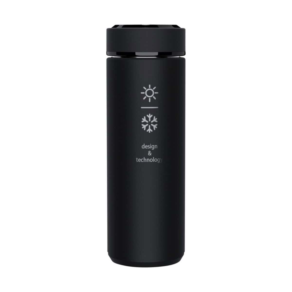 Przenośna termosbutelka termiczna czarna z symbolami chłodzenia i ogrzewania.