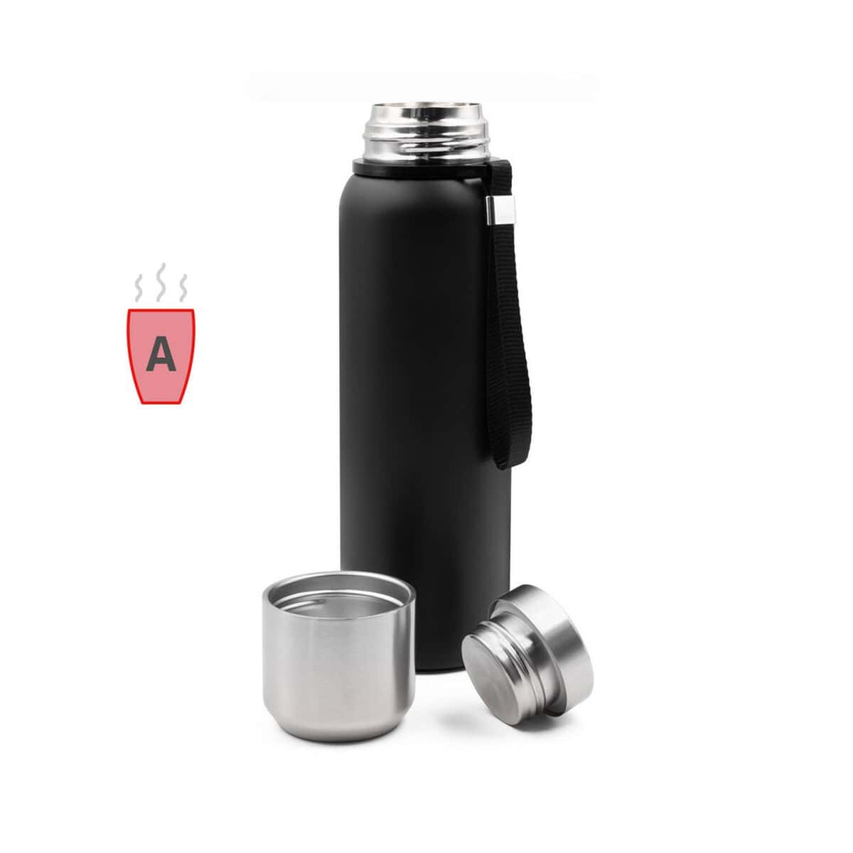 Termosy z logo – termos 750 ml air gifts | charlie V7234-03_AAA00 1. Butelka termiczna z czarną pokrywą i paskiem, idealna na prezent reklamowy gadżet.