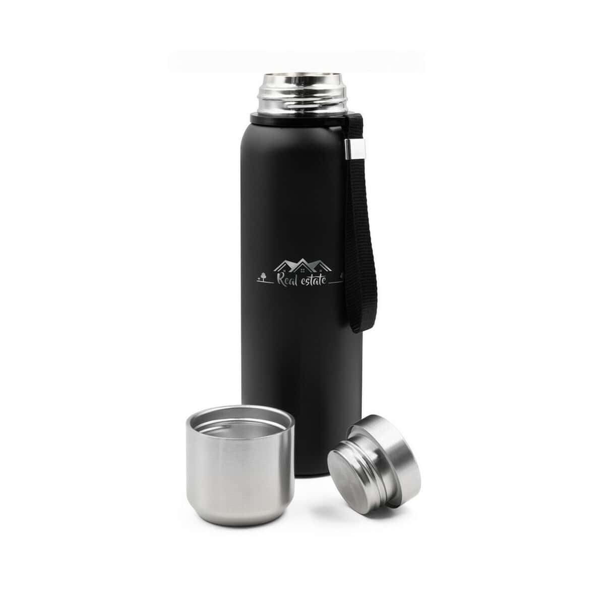 Termosy z logo – termos 750 ml air gifts | charlie V7234-03_ILG01 1. Przenośna butelka termiczna z nadrukiem i paskiem na ramię, idealna na podróże i treningi.