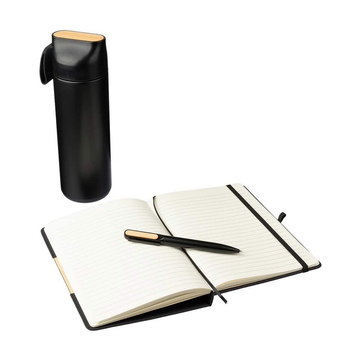 Butelka termiczna z czarnym wykończeniem i pokrywką z drewnianym akcentem na biurko.