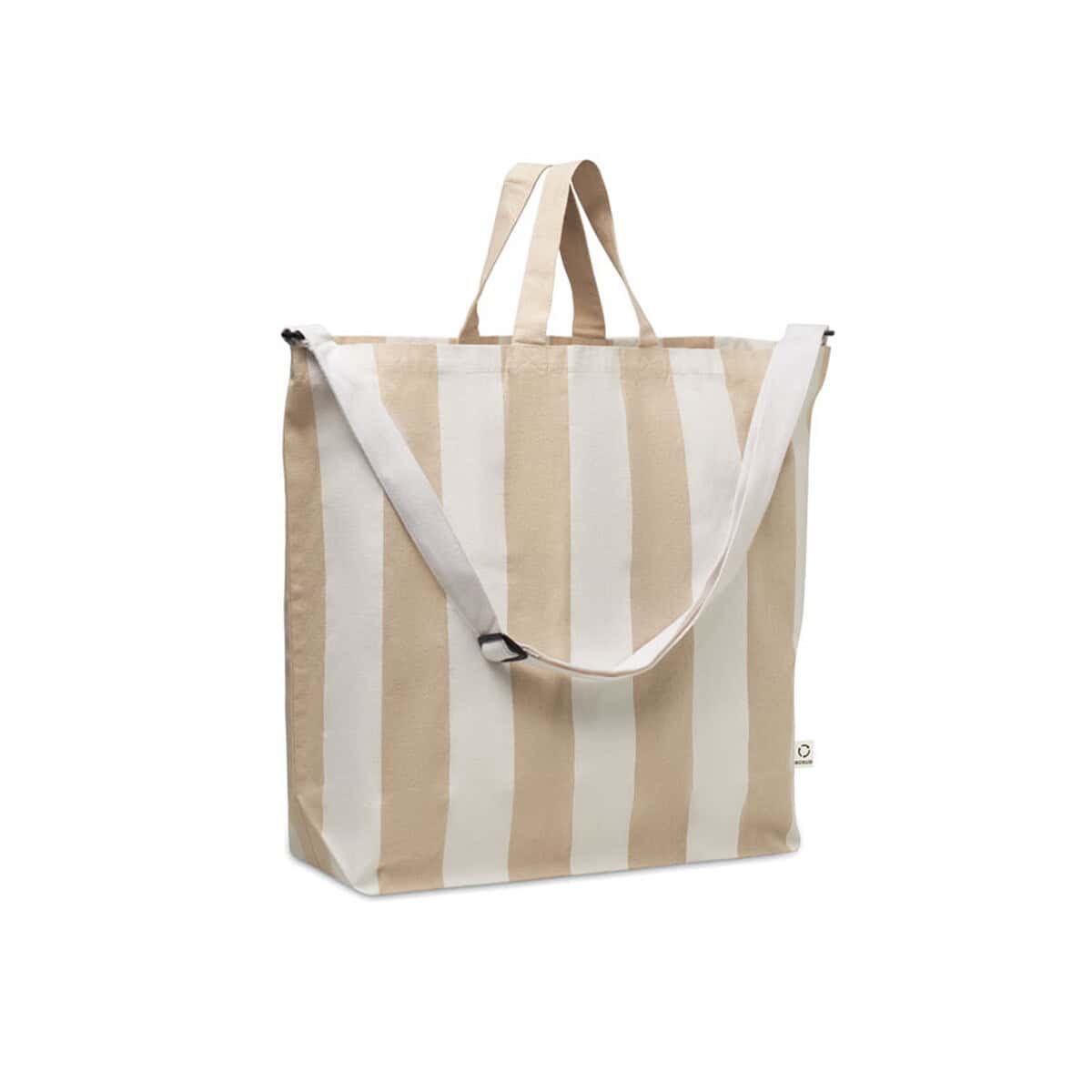 Nośnik na zakupy, torba bawełniana w pasy, stylowe gadżety promocyjne.