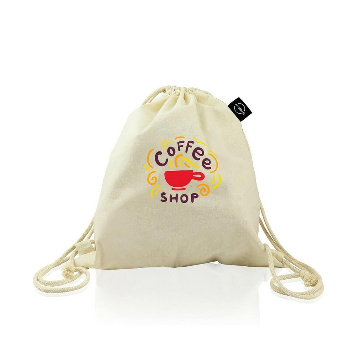 Torby bawełniane z logo – worek ze sznurkiem z bawełny organicznej b’right | meredith V0944-20_ILG01 1. Ekologiczny worek na kawę z nadrukiem Coffee Shop, bawełniany, z sznurkiem.