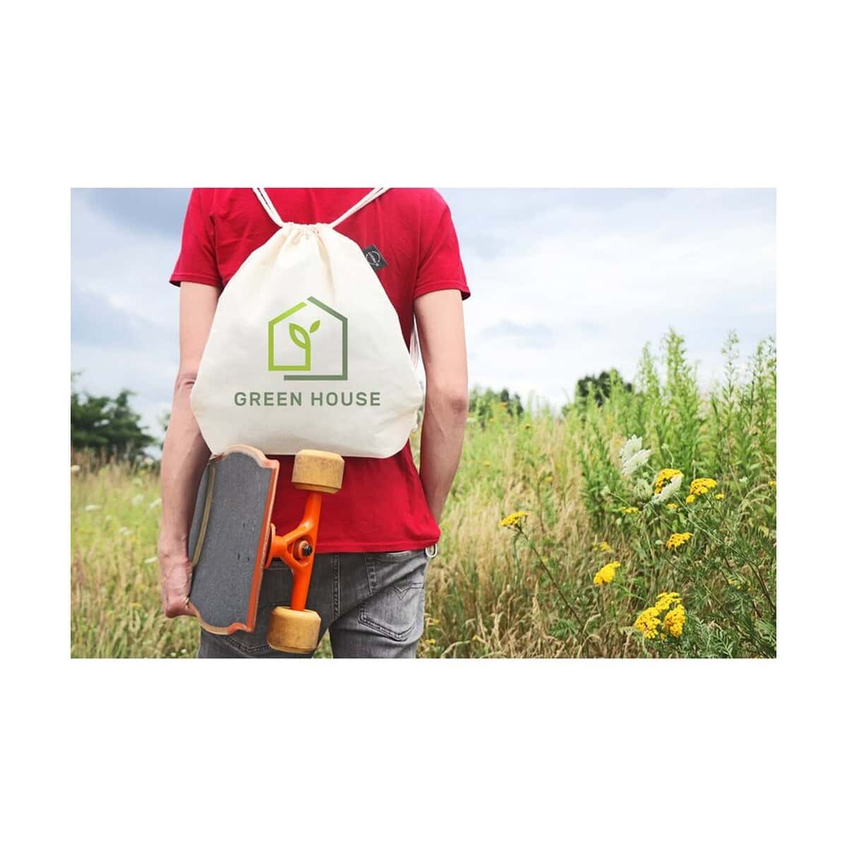 Torby bawełniane z logo – worek ze sznurkiem z bawełny organicznej b’right | meredith V0944_B 1. Torebka ekologiczna z logo Green House, idealna na zakupy i ekologiczne gadżety.