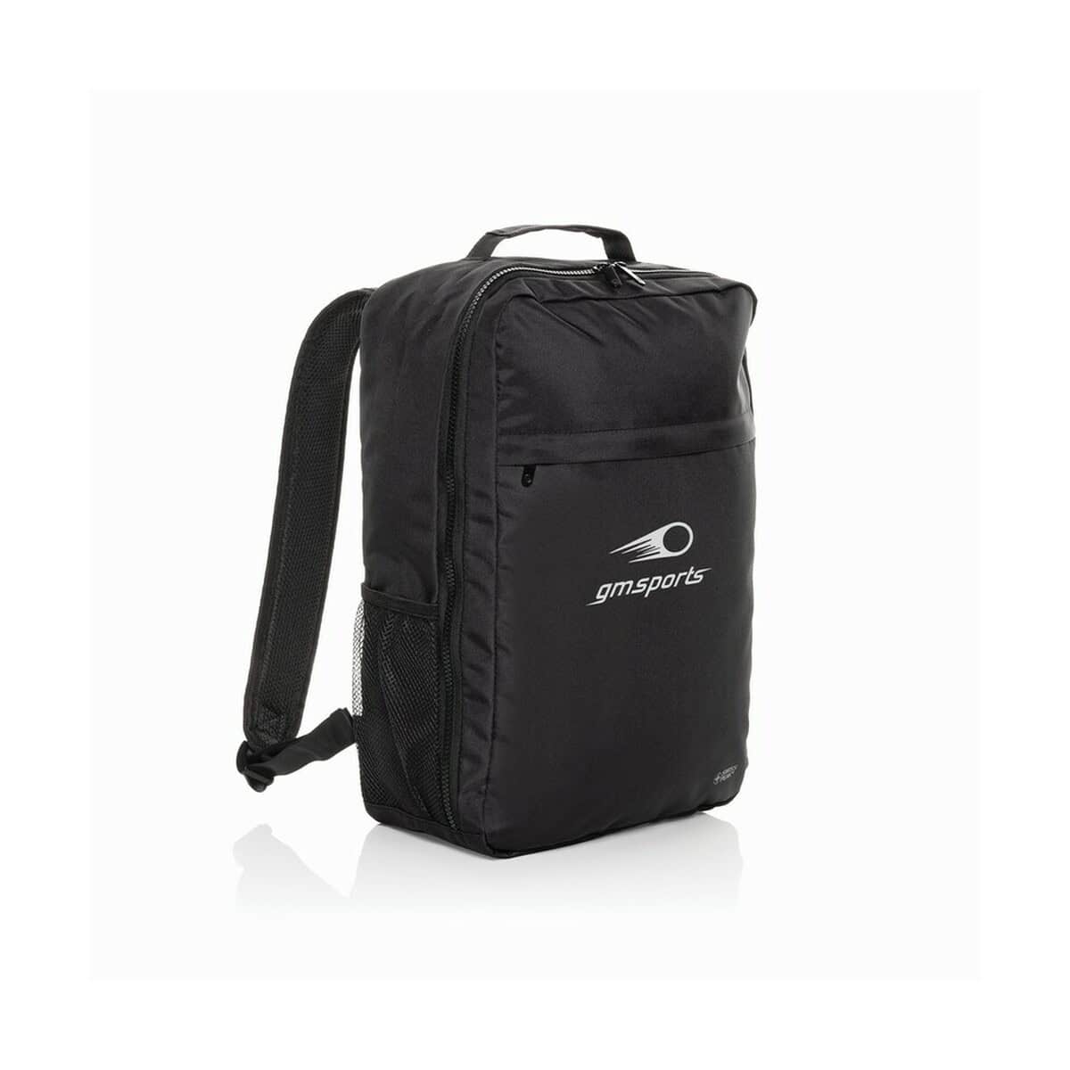 Torby na laptopa z logo – plecak na laptopa 15,6″ swiss peak aware™ rpet P763.4301__D_100 Czarna torba na sport i podróże z logo gm sports, dużą komorą i kieszenią organizer.