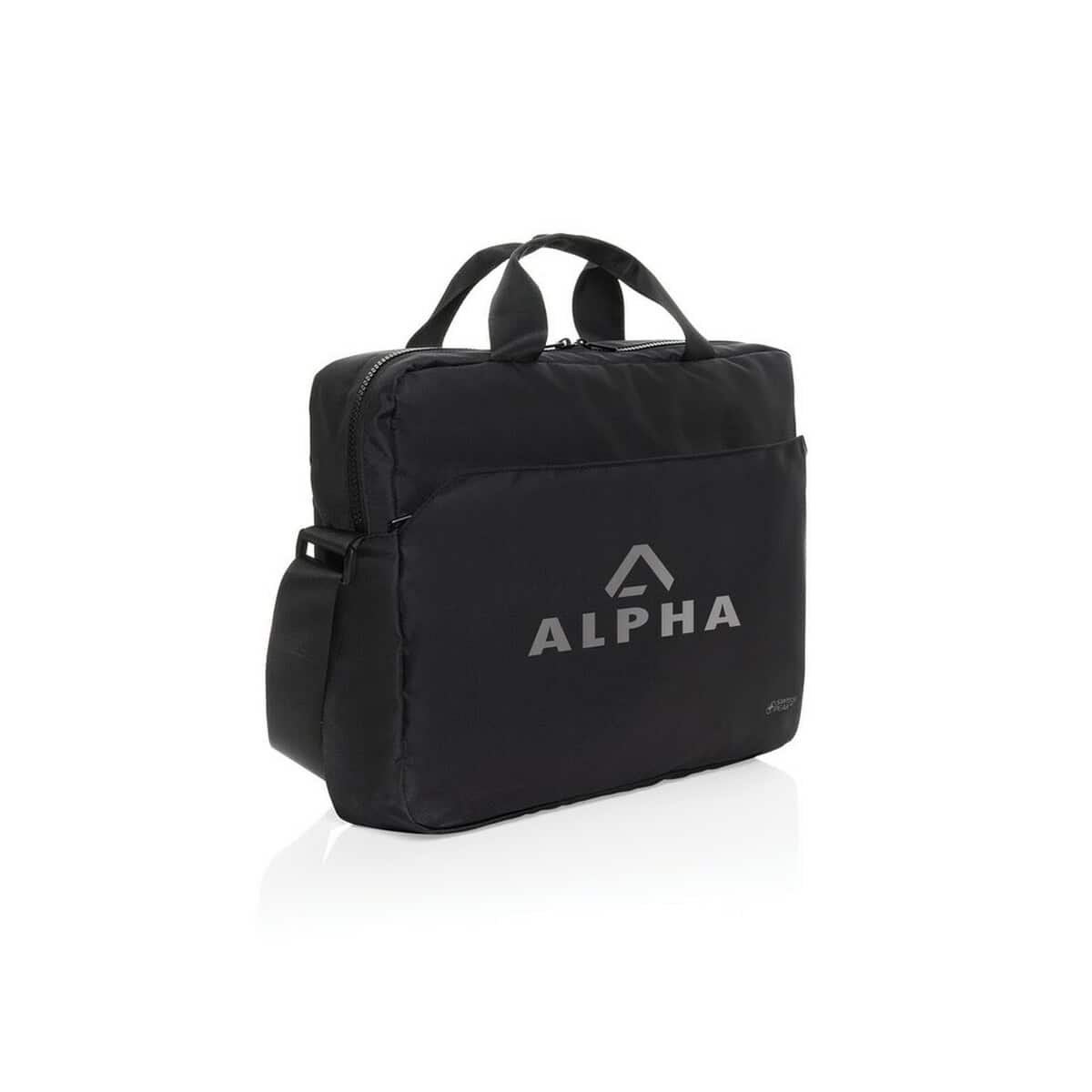 Torby na laptopa z logo – torba na laptopa 15,6″ swiss peak aware™ rpet P732.2301__D_100 Torba firmowa z nadrukiem logo ALPHA na prezentację gadżetów promocyjnych.