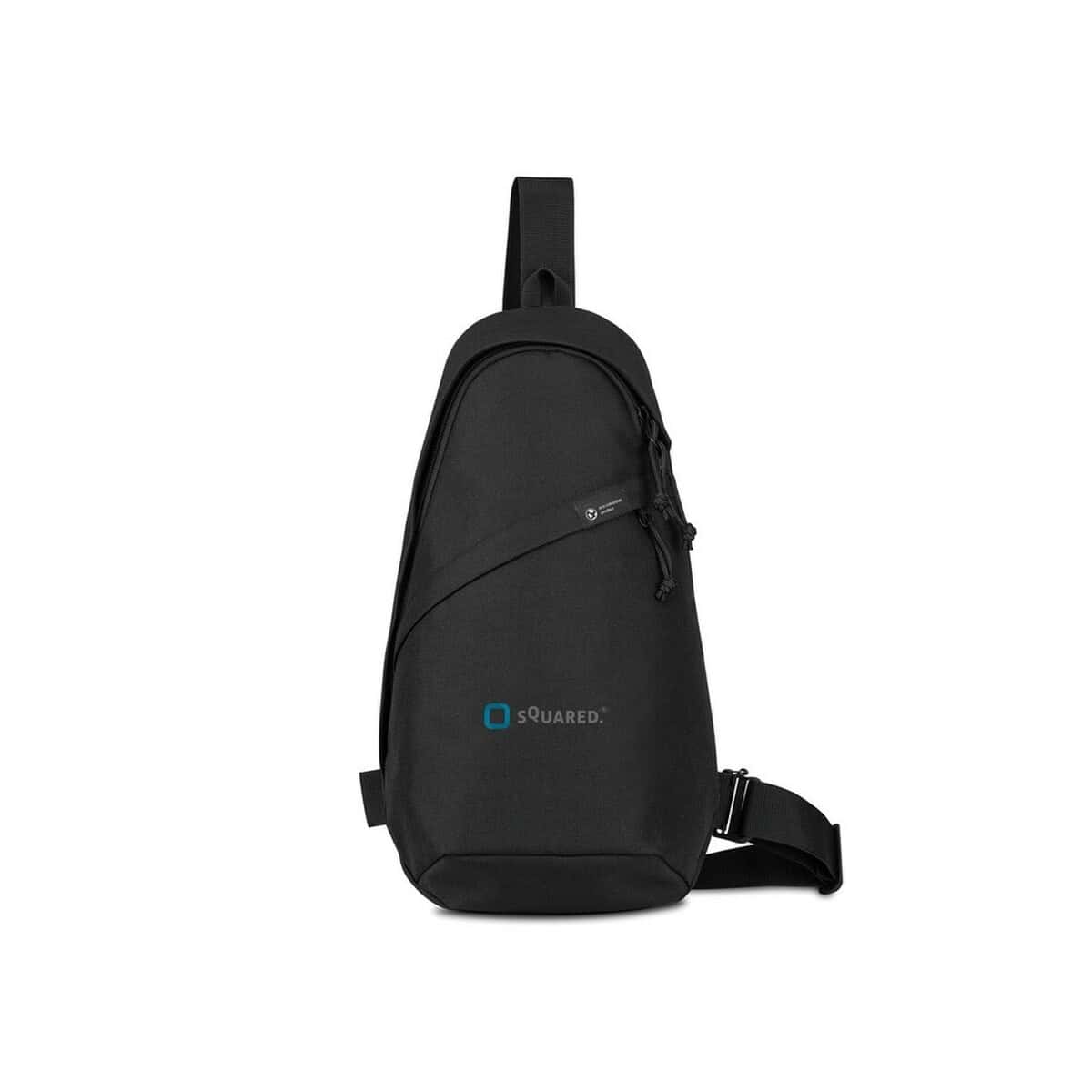 Torby na ramię z logo – plecak, torba na ramię renew aware™ rpet VR002-03_100805-001__D_100 Czarna torba na ramię z logo sQUARED, idealna na gadżety i codzienne wyposażenie.