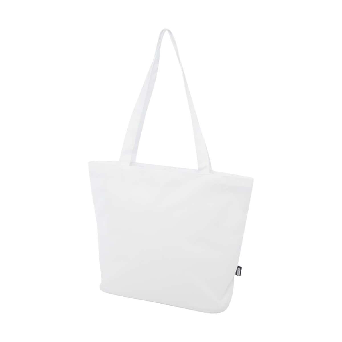 Biała torba z tekstyliu na zakupy i gadżety reklamowe.